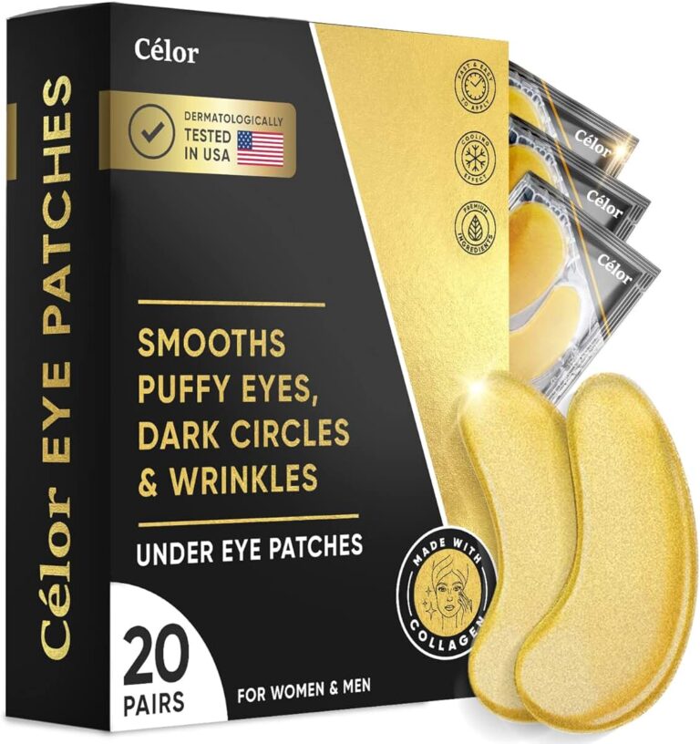 Box of CÉLOR Under Eye Patches displayed against a serene blue background. The sleek, white packaging features an image of two translucent, crescent-shaped gel patches with a shimmering appearance, indicating the hydrating formula within. The box is adorned with elegant gold lettering that highlights the brand and product name, alongside a brief description emphasizing its cooling effect and key ingredients like collagen and hyaluronic acid